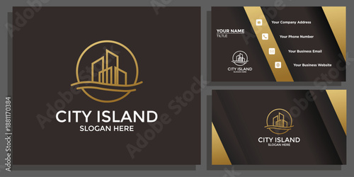 City Island Logo Design with Modern Skyscraper Silhouette in Golden Circle and Business Card Mockup