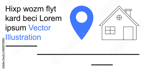 Navigation systems, real estate services, design templates, location-based apps, homeownership concepts, educational materials. A blue location marker and an outlined house. Navigation and real