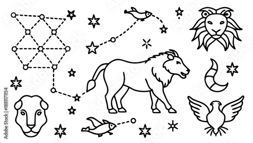 Zodiac sign Gemini constellation coloring page for kids, astronomy line art vector.