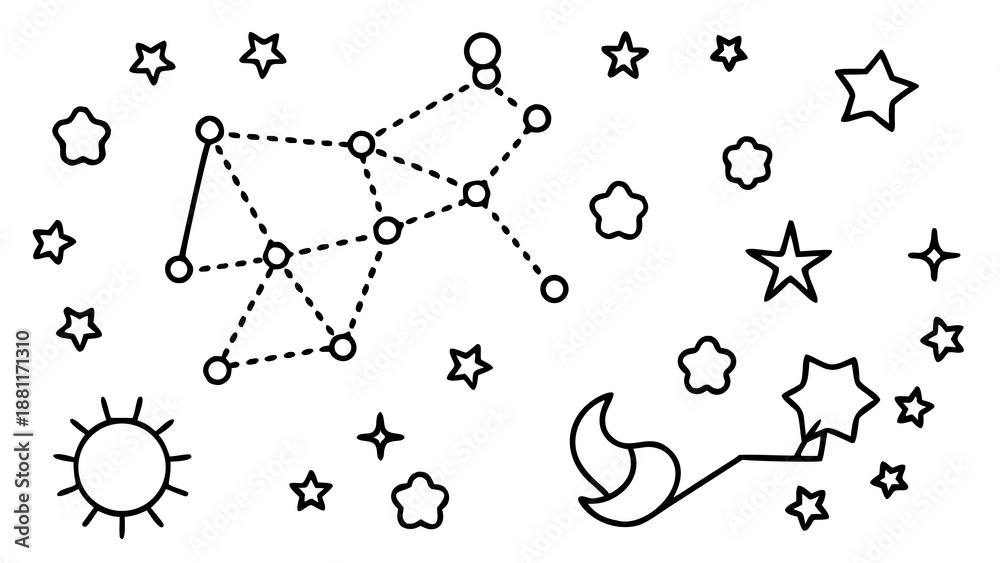 Obraz premium Zodiac sign Gemini constellation coloring page for kids, astronomy line art vector.