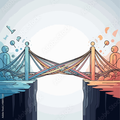 Connecting Worlds: Bridge between blue and orange abstract figures over abyss