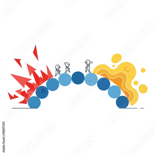 Tiny people crossing a bridge made of circles, overcoming obstacles