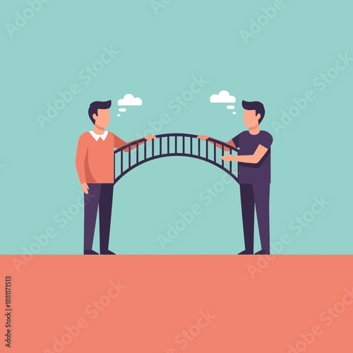 Two men building a bridge, symbolizing connection, understanding, and cooperation.