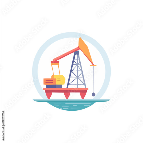 Illustration of an offshore oil rig with machinery and derrick on a platform viewed from the side