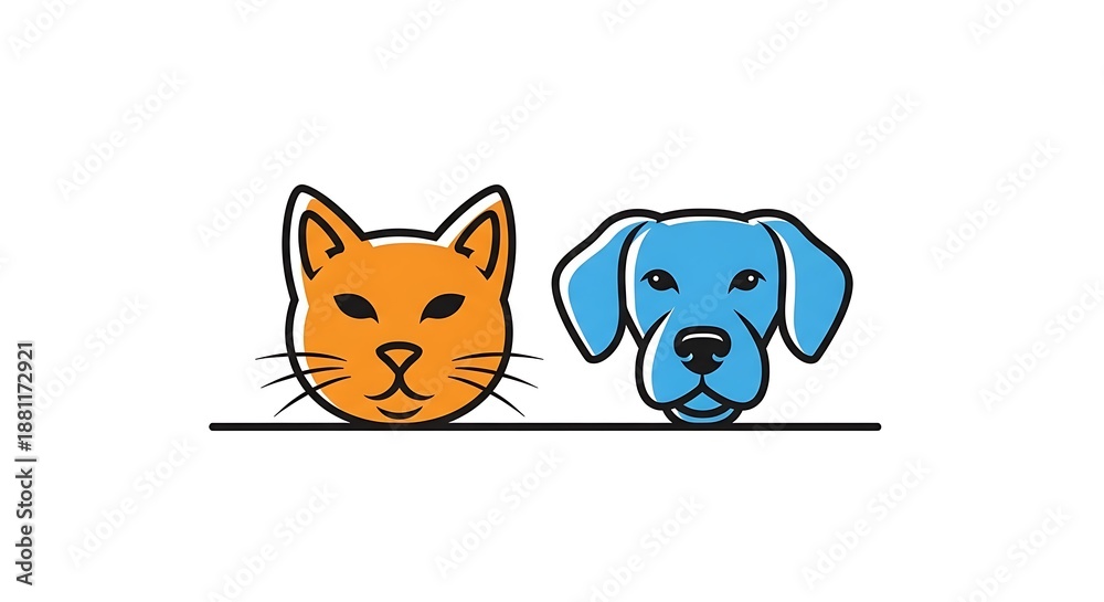 Obraz premium Cat and Dog Heads - A Simple, Minimalist Pet Illustration.