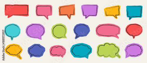 Set of speech bubbles and dialog thoughts in a torn paper collage style with ripped edges.