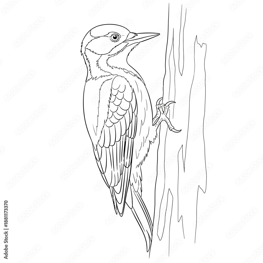 Fototapeta premium Woodpecker on tree trunk, line art illustration