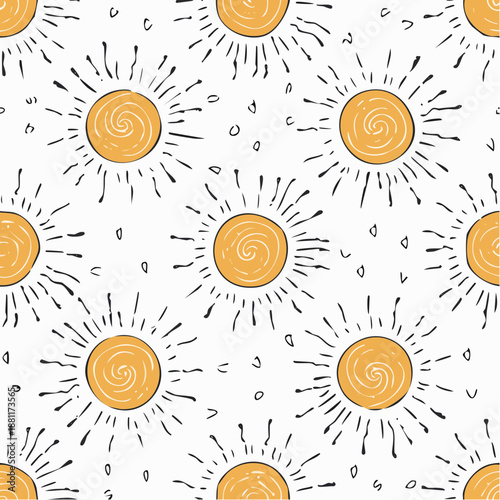 A vibrant illustration pattern of stylized suns and swirling spirals in orange and black hues viewed from directly above
