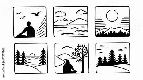 Creative hobby and daily life activity icon set, hand drawn doodle vector illustration of woman drawing, playing guitar, and crafting.