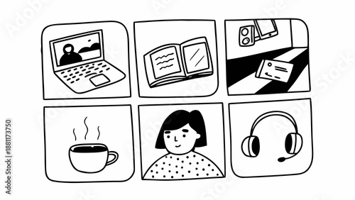 Creative hobby and daily life activity icon set, hand drawn doodle vector illustration of woman drawing, playing guitar, and crafting.