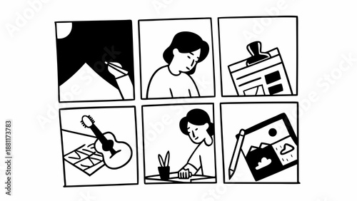 Creative hobby and daily life activity icon set, hand drawn doodle vector illustration of woman drawing, playing guitar, and crafting.