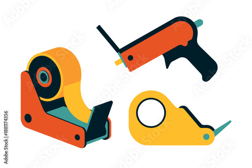 Colorful illustration of tape dispensers and cutters