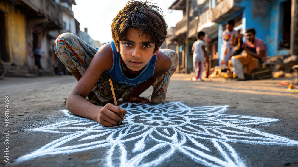 custom made wallpaper toronto digitalYoung boy creates intricate designs on ground during Diwali celebrations in small towns, showcasing vibrant culture and creativity