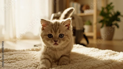 Wallpaper Mural Adorable kitten emerges from carrier, explores fluffy rug, and playfully interacts in sunlit living room Torontodigital.ca