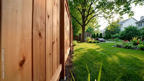 Lush green backyard with a wooden fence and various plants on a sunny summer day