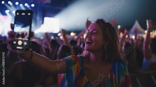 Happy young woman takes a selfie at a music festival concert crowd enjoying the night