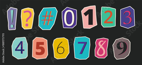 Set of colorful cut-out numbers (0-9) and symbols (!, ?, #) in a retro graphic collage style