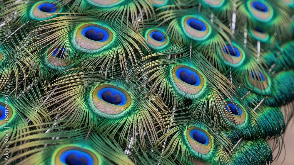 Fototapeta premium Beautiful feathers of male green peafowl / peacock (Pavo muticus)