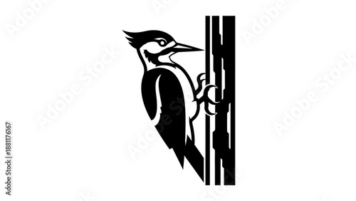 Black and white graphic illustration of a woodpecker with a crest, clinging to a tree trunk in profile.
