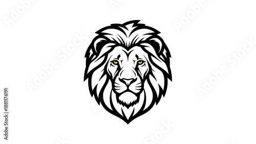 Detailed black and white illustration of a majestic lion's head with a powerful mane and striking yellow eyes, facing directly forward.