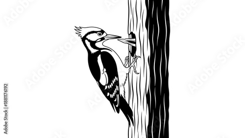Black and white illustration of a woodpecker pecking a hole in a tree trunk.
