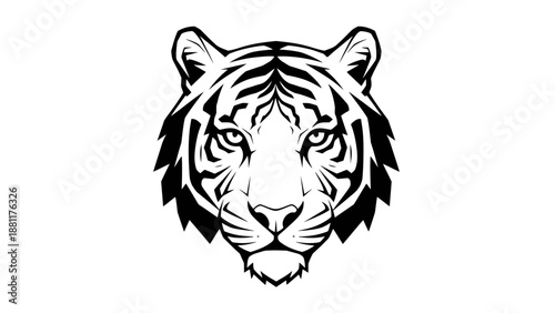 A powerful black and white graphic illustration of a tiger's head, showcasing its distinctive stripes and fierce gaze.