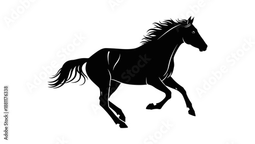 A black silhouette of a majestic horse galloping with its mane and tail flowing, captured in motion against a white background.