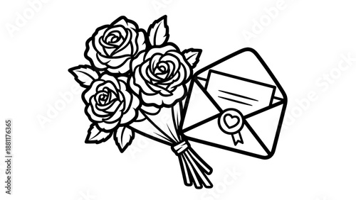A black and white image of roses and an open envelope, evoking feelings of love and appreciation. The image is an elegant design perfect for conveying sentiments