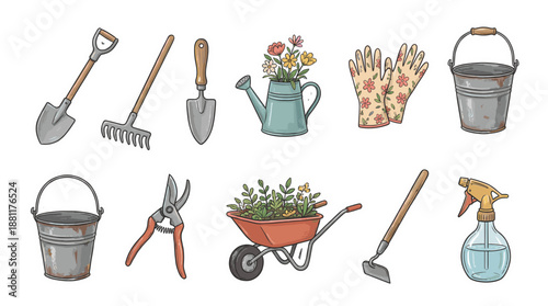 A collection of gardening tools, ready for tending the soil and nurturing plant life. The illustration showcases essential equipment