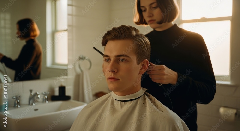 Obraz premium Woman trims young man's hair in a sunlit home bathroom