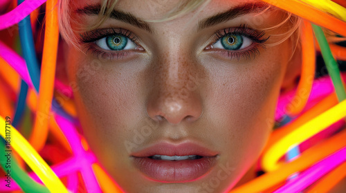 Vibrant woman in virtual chaos artwork captivates with striking eyes and colorful neon lights surrounding her face, creating mesmerizing effect