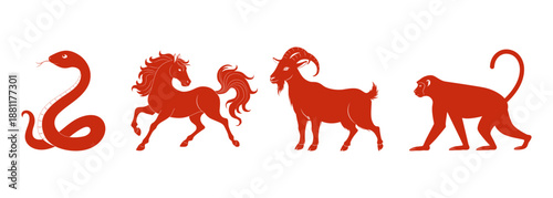 Red vector Chinese Zodiac animals: snake, horse, goat, and monkey on a white background.