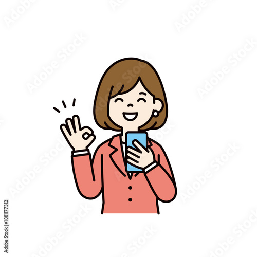 スマートフォンを持ってOKサインをする、若いビジネスウーマンのベクターイラスト素材＿カラー