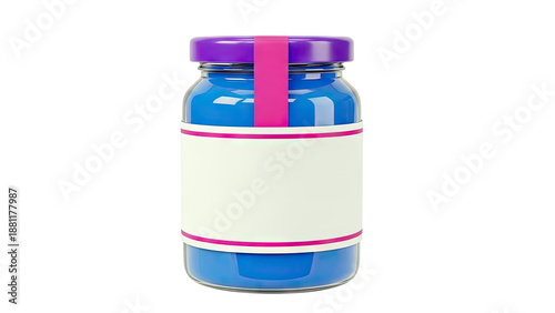 Blue liquid in a glass jar with a purple cap and blank label