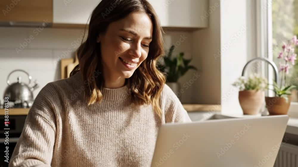 custom made wallpaper toronto digitalWoman working from home at kitchen table smiling and typing on laptop enjoying breakfast on a sunny day