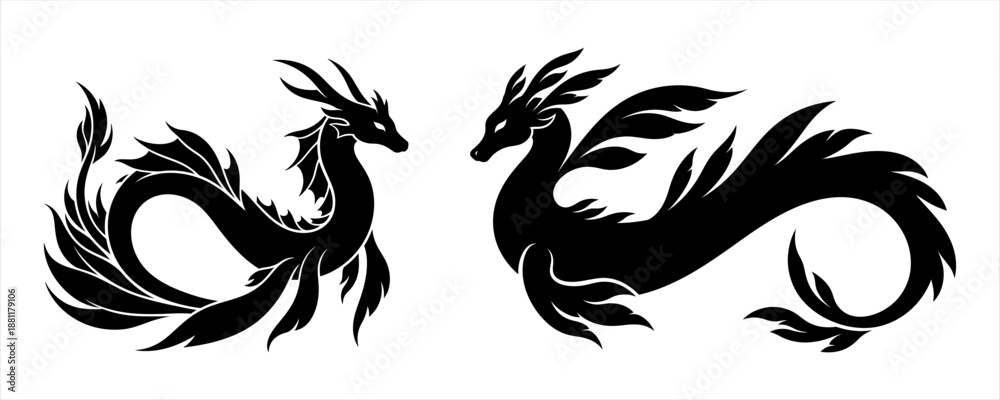 Fototapeta premium Stylized mythical sea serpents in black silhouette, an elegant fantasy creature pair