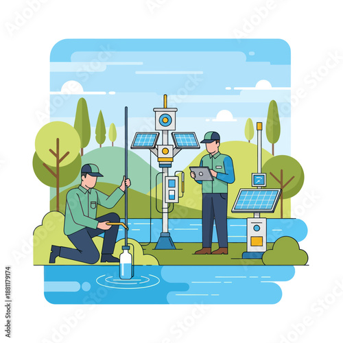 Environmental Monitoring Scientists Collecting Water Data.