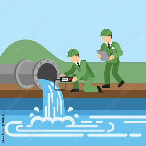 Engineers Inspecting Water Pollution from Pipe.