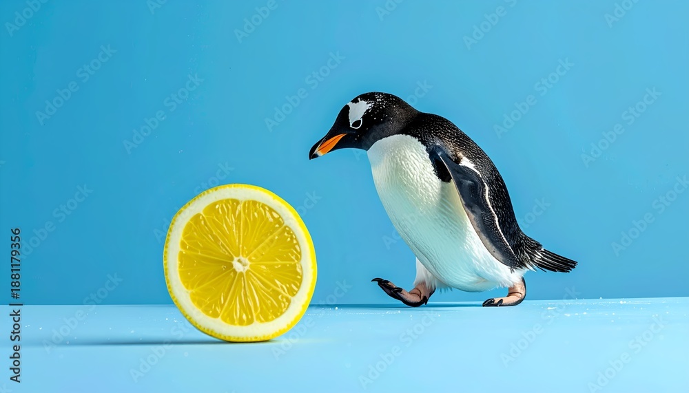 Fototapeta premium a cute penguin walking next to a lemon on a bright blue background