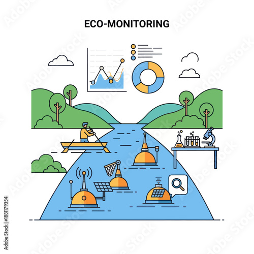 Eco Monitoring Illustration with River and Devices.
