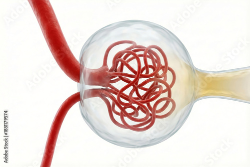 3D Anatomy of Kidney Glomerulus: Afferent and Efferent Arterioles with Proximal Tubule and Filtration Flow