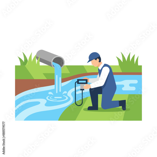 Man Testing Water Quality Near Pond.