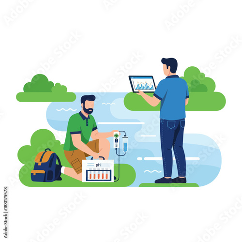 Two Men Working Near Riverbank with Equipment.