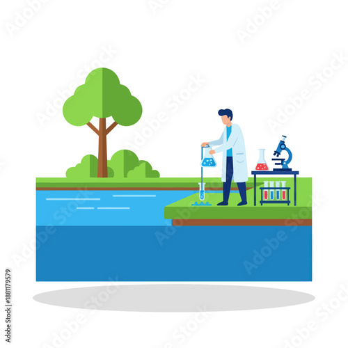 Scientist Collecting Water Sample Near Microscope.