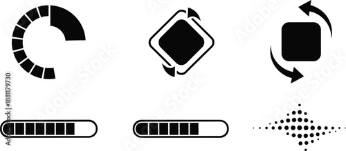 Loading icons collection, buffering symbol artwork, progress bar design, rotation concept illustration, processing style, creative interface set