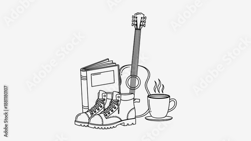 A minimalist line art illustration of a guitar book sneakers and coffee cup