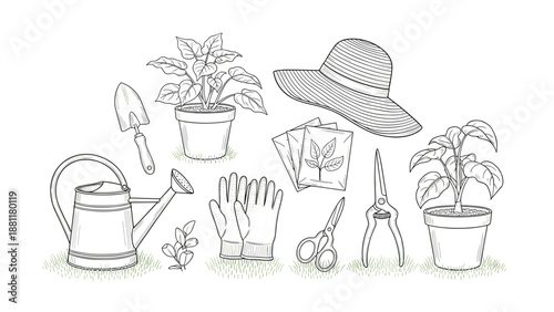 A collection of gardening tools and plants in a simple line art illustration style