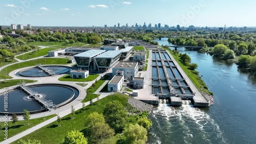 Aerial view of a modern water treatment plant purifying water for a city with blue skies and a river flowing