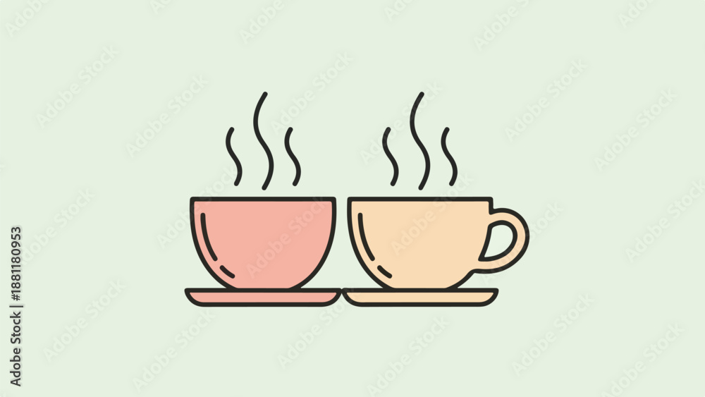 Obraz premium Minimalist line-art illustration of two teacups with saucers, one pink and one beige, with steam rising