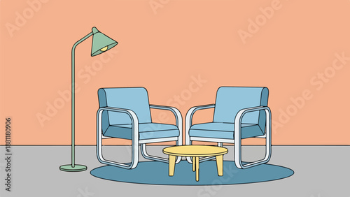 Minimalist living room with blue armchairs, wooden coffee table, and green floor lamp on a blue rug